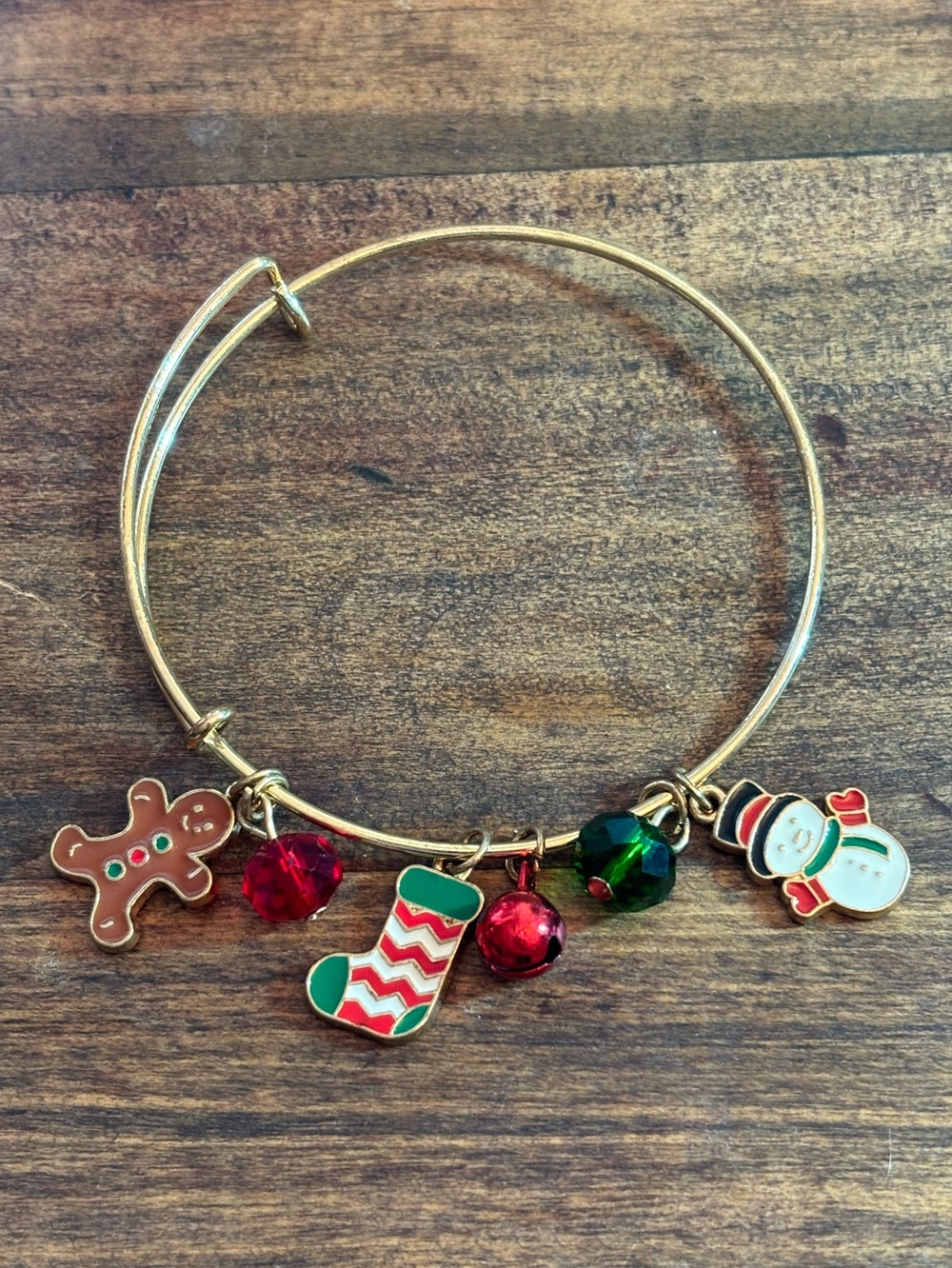Festive Gold-Tone Wire Charm Bangle Bracelet with Red & Green Holiday Charms,NEW
